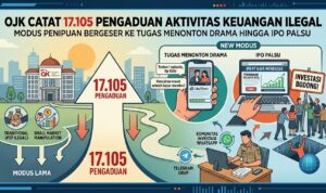 OJK Catat 17.105 Pengaduan Aktivitas Keuangan Ilegal, Modus Penipuan Bergeser ke Tugas Menonton Drama hingga IPO Palsu Doc. Infografis mengenai lonjakan pengaduan aktivitas keuangan ilegal yang dicatat oleh Otoritas Jasa Keuangan (OJK) hingga mencapai 17.105 laporan. OJK mengimbau masyarakat untuk waspada seiring bergesernya modus penipuan baru, mulai dari kedok tugas misi menonton drama (like/share) hingga penawaran investasi berkedok IPO palsu.