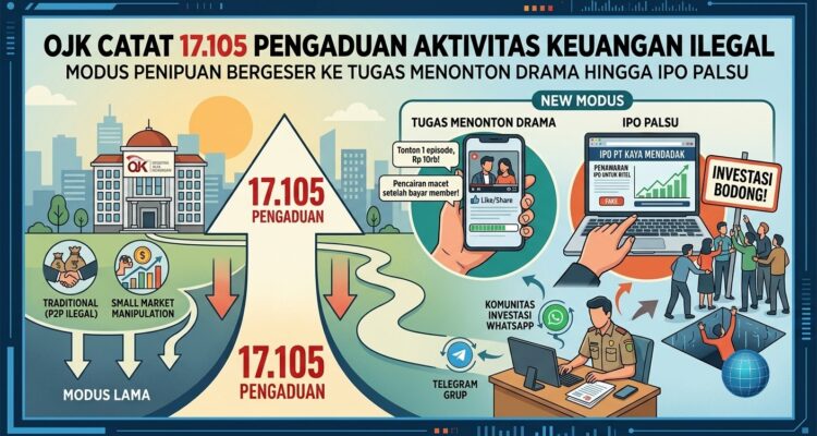 Doc. Infografis mengenai lonjakan pengaduan aktivitas keuangan ilegal yang dicatat oleh Otoritas Jasa Keuangan (OJK) hingga mencapai 17.105 laporan. OJK mengimbau masyarakat untuk waspada seiring bergesernya modus penipuan baru, mulai dari kedok tugas misi menonton drama (like/share) hingga penawaran investasi berkedok IPO palsu.