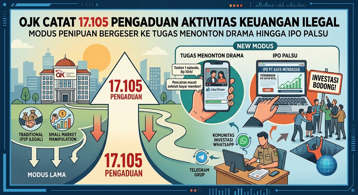 Doc. Infografis mengenai lonjakan pengaduan aktivitas keuangan ilegal yang dicatat oleh Otoritas Jasa Keuangan (OJK) hingga mencapai 17.105 laporan. OJK mengimbau masyarakat untuk waspada seiring bergesernya modus penipuan baru, mulai dari kedok tugas misi menonton drama (like/share) hingga penawaran investasi berkedok IPO palsu.