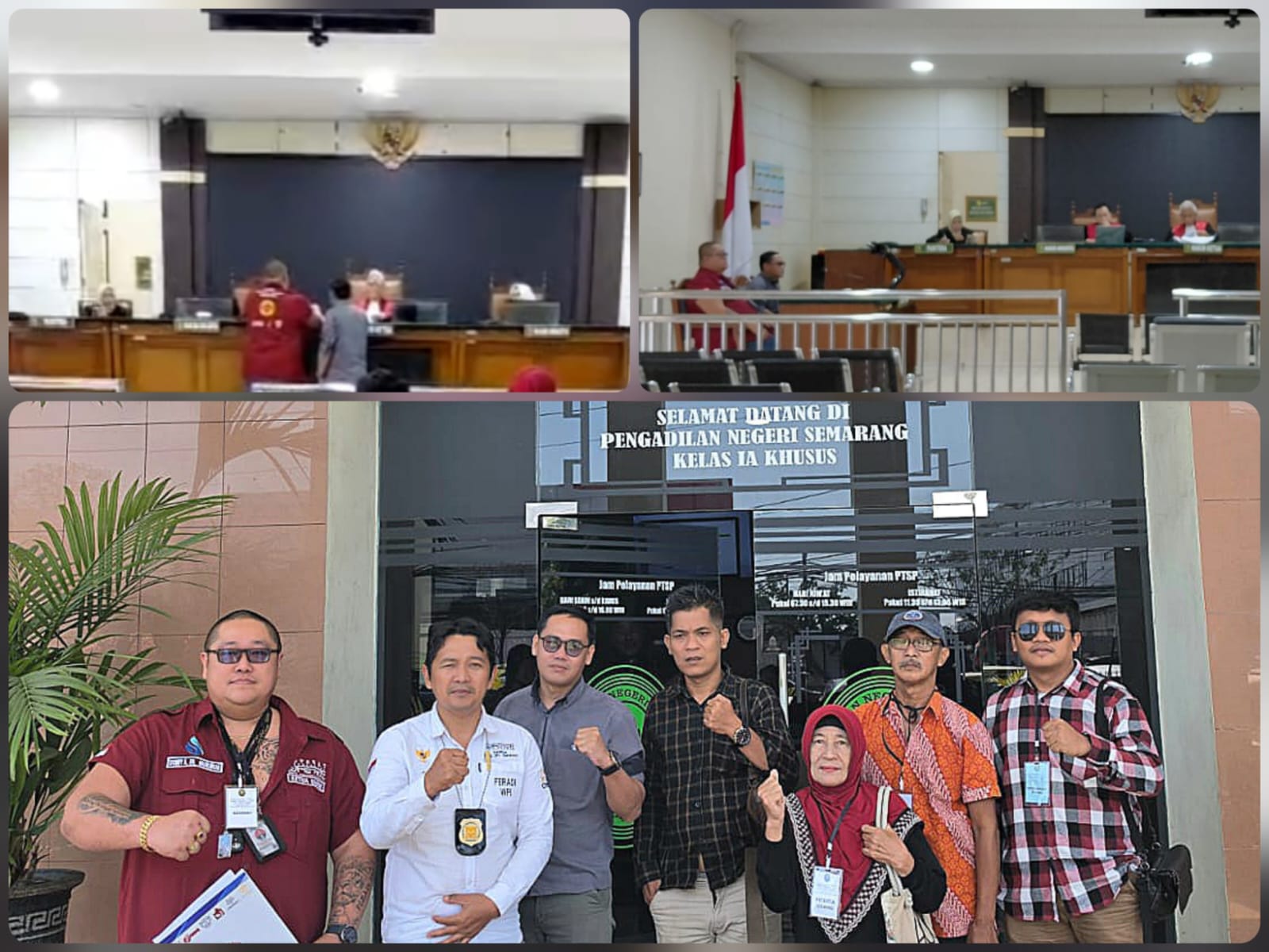 Doc. Kompilasi dokumentasi memperlihatkan rangkaian proses agenda mediasi perkara perdata Nomor 292/Pdt.G/2026/PN Semarang di Pengadilan Negeri Semarang, mulai dari kehadiran para kuasa hukum sebelum persidangan, pelaksanaan tahapan mediasi, hingga foto bersama di depan gedung Pengadilan Negeri Semarang usai agenda mediasi selesai dilaksanakan.