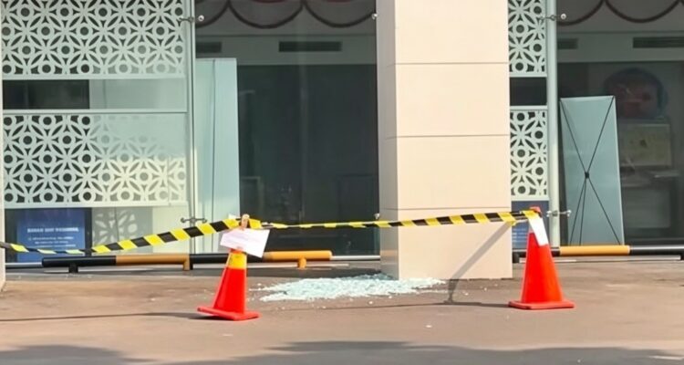 Doc. Area di sekitar titik jatuhnya serpihan panel kaca pada Gedung Badan Gizi Nasional (BGN), Jalan Kebon Sirih, Menteng, Jakarta Pusat, dipasangi garis polisi untuk mengamankan lokasi selama proses pemeriksaan dan identifikasi oleh aparat kepolisian.