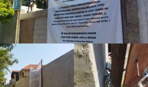 Banner Maklumat Kepemilikan Terpasang, Pengamanan Objek Lahan Kupang Segunting Diperketat Doc. Kompilasi foto suasana lokasi sengketa lahan di kawasan Tegalsari, Surabaya, Minggu (12/7/2026). Di lokasi terpasang banner klaim ahli waris yang melarang adanya aktivitas. Akses pagar juga nampak dikunci rapat menggunakan rantai dan gembok oleh pihak penjaga untuk menjaga kondusifitas area.