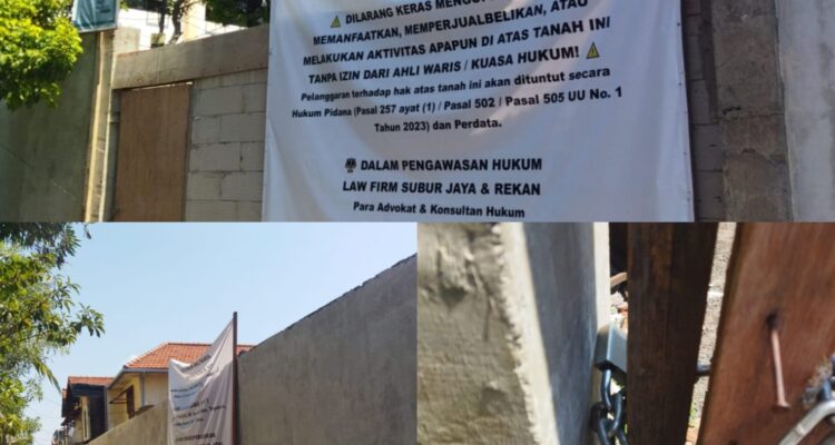 Doc. Kompilasi foto suasana lokasi sengketa lahan di kawasan Tegalsari, Surabaya, Minggu (12/7/2026). Di lokasi terpasang banner klaim ahli waris yang melarang adanya aktivitas. Akses pagar juga nampak dikunci rapat menggunakan rantai dan gembok oleh pihak penjaga untuk menjaga kondusifitas area.
