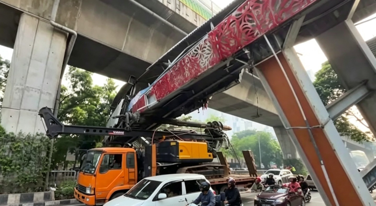 Doc. Kondisi Jembatan Penyeberangan Orang (JPO) di Jalan Kapten Tendean, Kelurahan Mampang Prapatan, Jakarta Selatan, usai mengalami benturan dengan sebuah truk pengangkut crane pada Selasa (14/7/2026). Dalam foto terlihat truk masih berada di bawah JPO, sementara struktur jembatan mengalami kerusakan yang kemudian ditindaklanjuti dengan penanganan oleh pihak berwenang.
