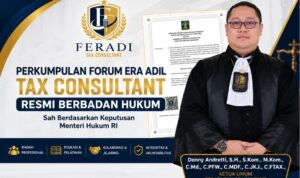 Perkumpulan FERADI Tax Consultant Resmi Berbadan Hukum Kemenkumham RI Doc. Ketua Umum FERADI TAX CONSULTANT, Donny Andretti, S.H., S.Kom., M.Kom., C.Md., C.PFW., C.MDF., C.JKJ., C.FTAX., usai resmi mengumumkan pengesahan badan hukum Perkumpulan Forum Era Adil Tax Consultant berdasarkan Keputusan Menteri Hukum Republik Indonesia Nomor AHU-0004519.AH.01.07.TAHUN 2026 di Kota Semarang. (Dok. FERADI TAX CONSULTANT).