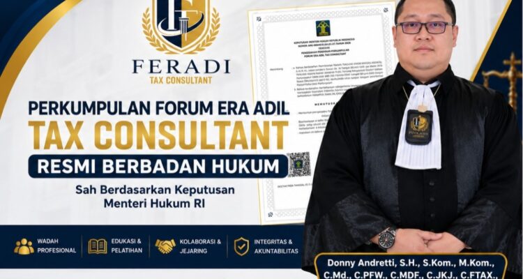 Doc. Ketua Umum FERADI TAX CONSULTANT, Donny Andretti, S.H., S.Kom., M.Kom., C.Md., C.PFW., C.MDF., C.JKJ., C.FTAX., usai resmi mengumumkan pengesahan badan hukum Perkumpulan Forum Era Adil Tax Consultant berdasarkan Keputusan Menteri Hukum Republik Indonesia Nomor AHU-0004519.AH.01.07.TAHUN 2026 di Kota Semarang. (Dok. FERADI TAX CONSULTANT).