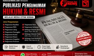 Doc. Thumbnail layanan KawanJariNews.com yang menampilkan publikasi pengumuman hukum dan pengumuman resmi melalui media cetak koran, dengan logo KawanJariNews.com dan PT Kawan Jari Grup selaku penerbit. Layanan mencakup pengumuman kepailitan, PKPU, lelang, pemanggilan, kurator, notaris, pengadilan, perseroan, serta pengumuman kehilangan dokumen berharga, dokumen tanah, dan surat kendaraan. (Foto Ilustrasi: KawanJariNews.com/PT Kawan Jari Grup)