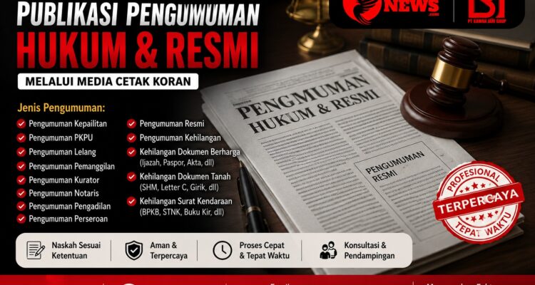 Doc. Thumbnail layanan KawanJariNews.com yang menampilkan publikasi pengumuman hukum dan pengumuman resmi melalui media cetak koran, dengan logo KawanJariNews.com dan PT Kawan Jari Grup selaku penerbit. Layanan mencakup pengumuman kepailitan, PKPU, lelang, pemanggilan, kurator, notaris, pengadilan, perseroan, serta pengumuman kehilangan dokumen berharga, dokumen tanah, dan surat kendaraan. (Foto Ilustrasi: KawanJariNews.com/PT Kawan Jari Grup)