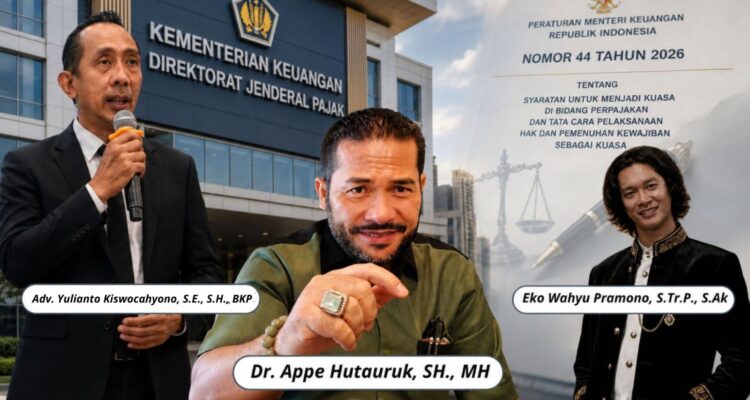Doc. Dr. Appe Hutauruk, S.H., M.H., Eko Wahyu Pramono, S.Tr.P., S.Ak., dan Adv. Yulianto Kiswocahyono, S.E., S.H., BKP., tiga akademisi Universitas Mpu Tantular sekaligus penulis artikel ilmiah yang mengkaji batas kewenangan delegasi Menteri Keuangan dalam pengaturan kuasa Wajib Pajak berdasarkan PMK Nomor 44 Tahun 2026, yang dijadwalkan terbit pada Journal of Law, Politic and Humanities (JLPH) terakreditasi SINTA 3.