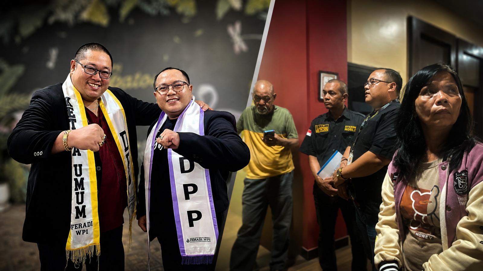 Doc. Ketua Umum FERADI WPI Adv. Donny Andretti, S.H., S.Kom., M.Kom., C.MD., C.PFW., C.MDF., C.JKJ., C.FTAX. (kiri) bersama Ketua Tim Investigasi sekaligus Ketua Tim Kuasa Hukum FERADI WPI Revan Pratama Wijaya, S.H., C.PFW., C.MDF., C.JKJ., C.FTAX. (kanan) dalam dokumentasi kegiatan organisasi pada kesempatan sebelumnya. Kanan: Fam Fuk Tjhong alias Uun (korban), didampingi istri dan Tim Kuasa Hukum FERADI WPI, berada di Mapolda Banten, Serang, Minggu (19/7/2026), untuk meminta informasi mengenai perkembangan penanganan laporan dugaan penganiayaan, pengeroyokan, dan dugaan penculikan yang saat ini masih dalam tahap penyelidikan di Polda Banten.