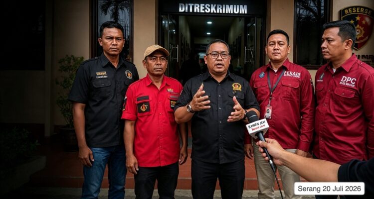 didampingi jajaran pengurus FERADI WPI usai memberikan keterangan pers di depan Gedung Ditreskrimum Polda Banten, Serang, Senin (20/7/2026), setelah mendampingi pemeriksaan saksi dalam perkara dugaan pengeroyokan yang dilaporkan Fam Fuk Tjhong alias Uun. Pada hari yang sama, tim kuasa hukum menyampaikan bahwa perkara tersebut telah meningkat ke tahap penyidikan berdasarkan informasi yang diterima dari penyidik.