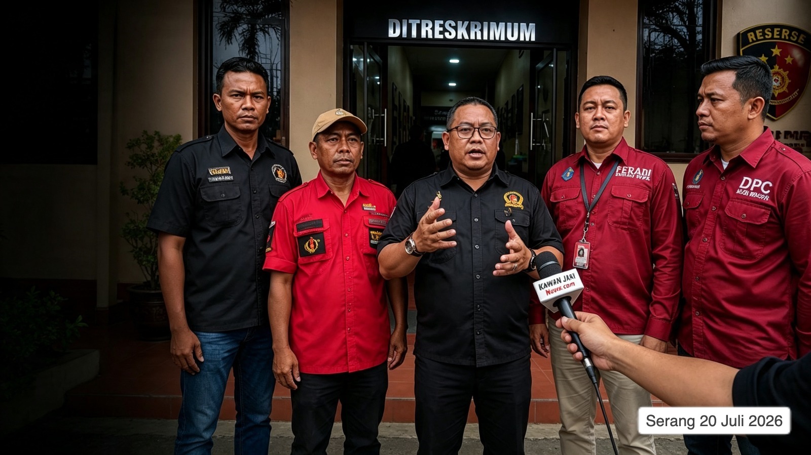 didampingi jajaran pengurus FERADI WPI usai memberikan keterangan pers di depan Gedung Ditreskrimum Polda Banten, Serang, Senin (20/7/2026), setelah mendampingi pemeriksaan saksi dalam perkara dugaan pengeroyokan yang dilaporkan Fam Fuk Tjhong alias Uun. Pada hari yang sama, tim kuasa hukum menyampaikan bahwa perkara tersebut telah meningkat ke tahap penyidikan berdasarkan informasi yang diterima dari penyidik.