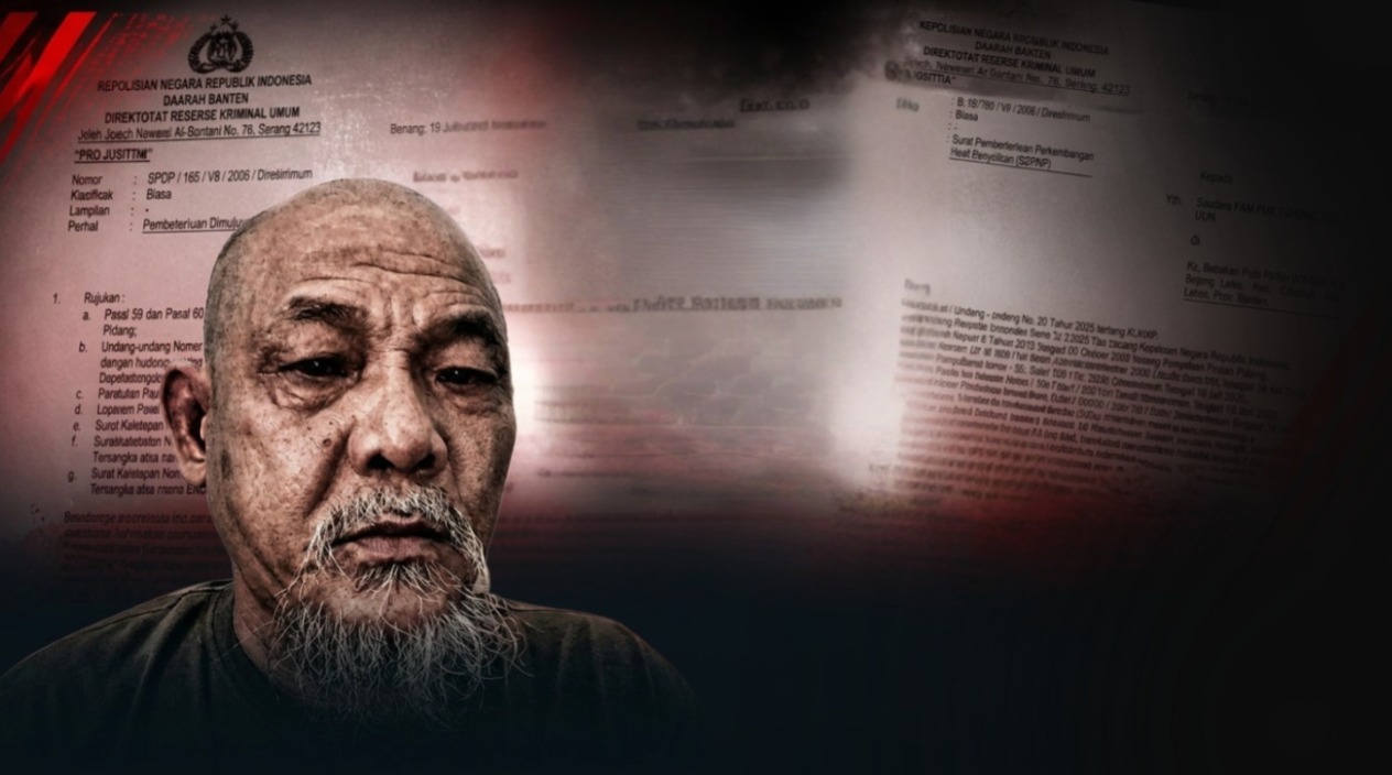Doc. Ilustrasi: Klose-up Fam Fuk Tjhong alias Uun sebagai pelapor dalam perkara dugaan pengeroyokan, dengan latar belakang ilustrasi dokumen Surat Pemberitahuan Perkembangan Hasil Penyidikan (SP2HP) dan Surat Pemberitahuan Dimulainya Penyidikan (SPDP) dari Ditreskrimum Polda Banten yang dibuat blur. Efek buram diterapkan untuk perlindungan terhadap informasi yang bersifat sensitif sekaligus menjaga fokus visual pada substansi pemberitaan mengenai peningkatan status perkara ke tahap penyidikan.