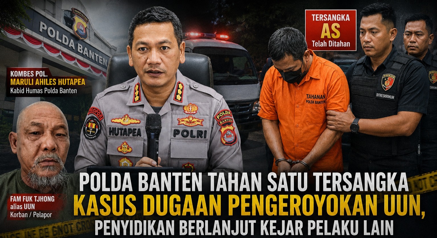 Doc. Ilustrasi perkembangan penanganan perkara dugaan pengeroyokan dan dugaan perampasan kemerdekaan terhadap Fam Fuk Tjhong alias Uun. Kolase menampilkan Kabid Humas Polda Banten Kombes Pol. Maruli Ahiles Hutapea yang menyampaikan keterangan mengenai penetapan dan penahanan satu tersangka berinisial AS, foto korban/pelapor Fam Fuk Tjhong alias Uun, serta ilustrasi penahanan tersangka. Hingga berita ini diterbitkan, Ditreskrimum Polda Banten menyatakan penyidikan masih berlangsung untuk mengungkap dugaan keterlibatan pihak lain. Seluruh pihak tetap berhak atas asas praduga tak bersalah hingga terdapat putusan pengadilan yang berkekuatan hukum tetap.