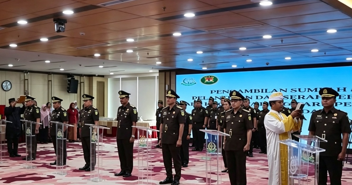 Doc. Prosesi pengambilan sumpah jabatan terhadap pejabat struktural di lingkungan Kejaksaan Republik Indonesia dalam rangka mutasi dan rotasi berdasarkan Keputusan Jaksa Agung RI Nomor 831 Tahun 2026. Pengambilan sumpah menjadi bagian dari rangkaian pelantikan sebagai bentuk komitmen pejabat yang dilantik untuk menjalankan tugas, tanggung jawab, serta menjaga integritas dan profesionalisme dalam penegakan hukum. (Sumber foto: Kejaksaan Agung).