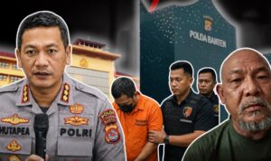 Empat Tersangka Ditahan, Penyidikan Kasus Dugaan Pengeroyokan Uun Masuki Tahap Baru Doc. Foto ilustrasi: Komposit visual yang menampilkan Kabid Humas Polda Banten dengan latar belakang Gedung Polda Banten di sisi kiri, Fam Fuk Tjhong alias Uun di sisi kanan, serta ilustrasi penyidik yang mengawal dua orang tersangka di bagian belakang sebagai simbol perkembangan proses penyidikan. Ilustrasi ini menggambarkan perkembangan penanganan perkara dugaan pengeroyokan, dugaan perampasan kemerdekaan, dan dugaan tindak pidana lain yang dilaporkan Uun, di mana Ditreskrimum Polda Banten telah menetapkan dan menahan empat orang tersangka serta mempersiapkan pelimpahan berkas perkara tahap pertama ke Kejaksaan Tinggi Banten. Visual penyidik dan tersangka bersifat ilustratif dan tidak menggambarkan identitas maupun peristiwa penangkapan yang sebenarnya.