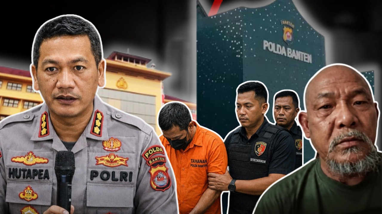 Doc. Foto ilustrasi: Komposit visual yang menampilkan Kabid Humas Polda Banten dengan latar belakang Gedung Polda Banten di sisi kiri, Fam Fuk Tjhong alias Uun di sisi kanan, serta ilustrasi penyidik yang mengawal dua orang tersangka di bagian belakang sebagai simbol perkembangan proses penyidikan. Ilustrasi ini menggambarkan perkembangan penanganan perkara dugaan pengeroyokan, dugaan perampasan kemerdekaan, dan dugaan tindak pidana lain yang dilaporkan Uun, di mana Ditreskrimum Polda Banten telah menetapkan dan menahan empat orang tersangka serta mempersiapkan pelimpahan berkas perkara tahap pertama ke Kejaksaan Tinggi Banten. Visual penyidik dan tersangka bersifat ilustratif dan tidak menggambarkan identitas maupun peristiwa penangkapan yang sebenarnya.