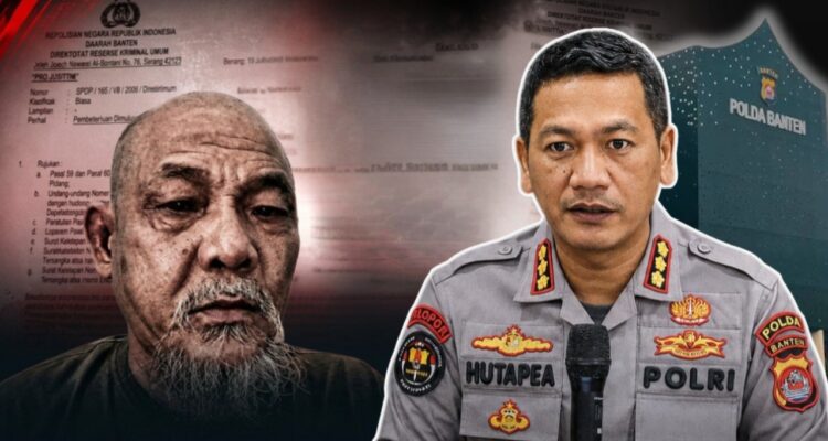 Doc. Foto Ilustrasi: Fam Fuk Tjhong alias Uun (kiri) dan Kabid Humas Polda Banten Kombes Pol. Maruli Ahiles Hutapea (kanan) dengan latar ilustrasi Gedung Polda Banten dan dokumen SP2HP sebagai simbol perkembangan penyidikan perkara dugaan pengeroyokan dan dugaan perampasan kemerdekaan yang sedang ditangani Ditreskrimum Polda Banten.