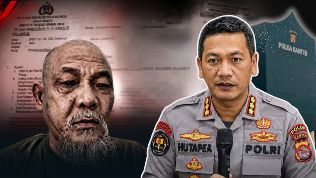 Doc. Foto Ilustrasi: Fam Fuk Tjhong alias Uun (kiri) dan Kabid Humas Polda Banten Kombes Pol. Maruli Ahiles Hutapea (kanan) dengan latar ilustrasi Gedung Polda Banten dan dokumen SP2HP sebagai simbol perkembangan penyidikan perkara dugaan pengeroyokan dan dugaan perampasan kemerdekaan yang sedang ditangani Ditreskrimum Polda Banten.
