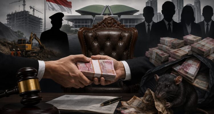 Doc. Visual ilustratif yang menampilkan lengan seseorang menyerahkan sejumlah uang dengan latar belakang kursi dan tumpukan uang, sebagai representasi simbolik praktik politik uang dan penyalahgunaan kekuasaan. Gambar ini dibuat menggunakan kecerdasan buatan (Artificial Intelligence/AI) dan tidak menggambarkan peristiwa, individu, maupun objek tertentu.