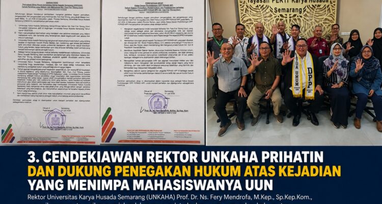Doc. Dokumentasi pernyataan sikap resmi Universitas Karya Husada Semarang (UNKAHA) dan Ketua Dewan Pertimbangan DPP FERADI WPI terkait dugaan tindak pidana yang dialami mahasiswa UNKAHA sekaligus Wakil Ketua Umum DPP FERADI WPI, Fam Fuk Tjhong (Uun), disertai foto bersama jajaran UNKAHA dan DPP FERADI WPI usai audiensi di Kampus Universitas Karya Husada Semarang, Jumat (31/7/2026).