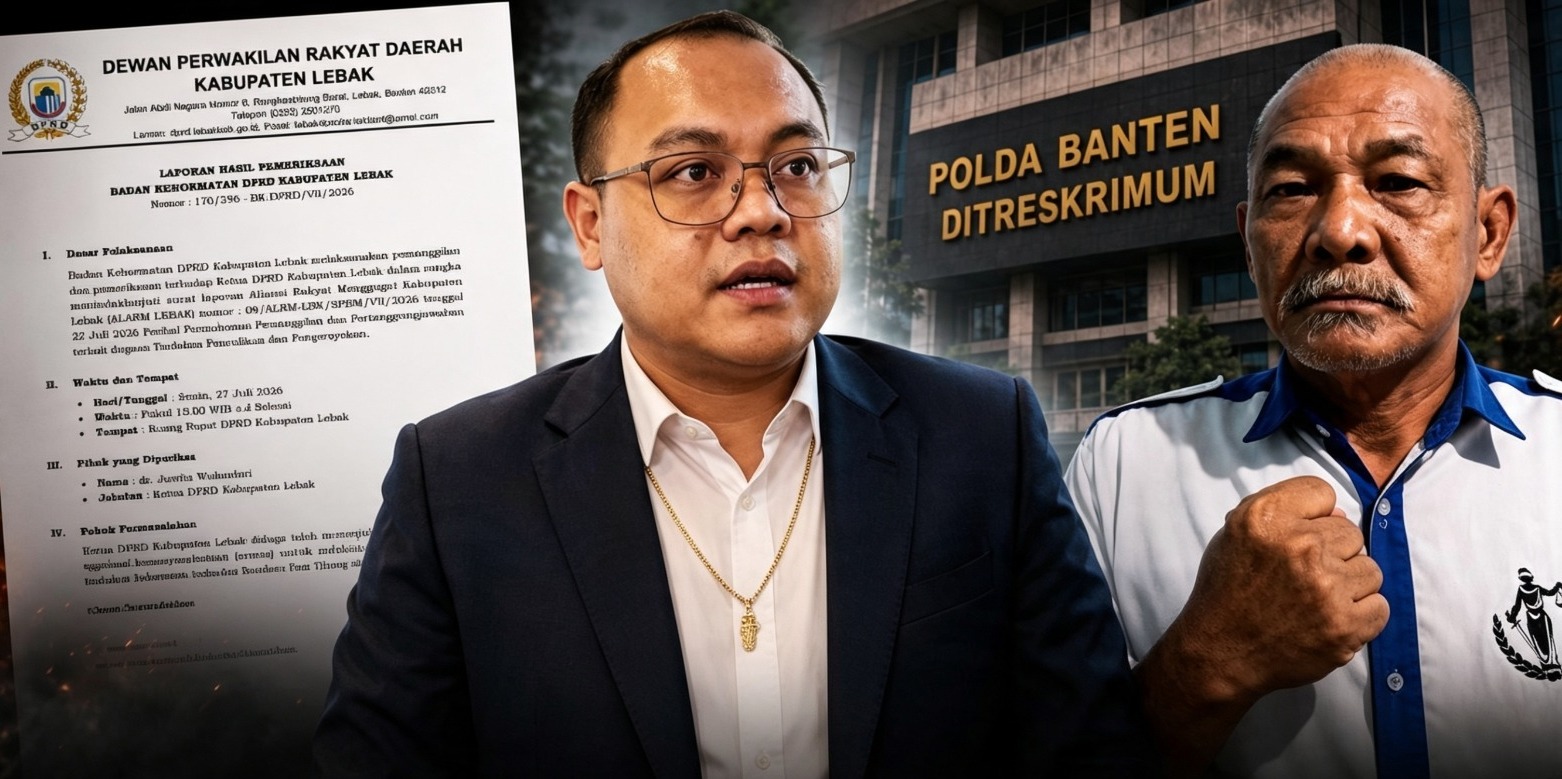 Doc. Ketua Tim Advokasi Fam Fuk Tjhong alias Pak Uun, Adv. Revan Pratama Wijaya, S.H. (tengah), tangkapan layar Laporan Hasil Pemeriksaan (LHP) Badan Kehormatan DPRD Kabupaten Lebak Nomor 170/396-BK.DPRD/VII/2026 (kiri), dan Fam Fuk Tjhong alias Pak Uun (kanan). Kolase ini digunakan sebagai ilustrasi pemberitaan mengenai adanya perbedaan sejumlah poin antara isi LHP BK DPRD Lebak dengan keterangan Fam Fuk Tjhong, yang hingga saat ini masih menjadi bagian dari proses pembuktian dalam penyidikan Ditreskrimum Polda Banten. (Kolase/KawanJariNews.com)