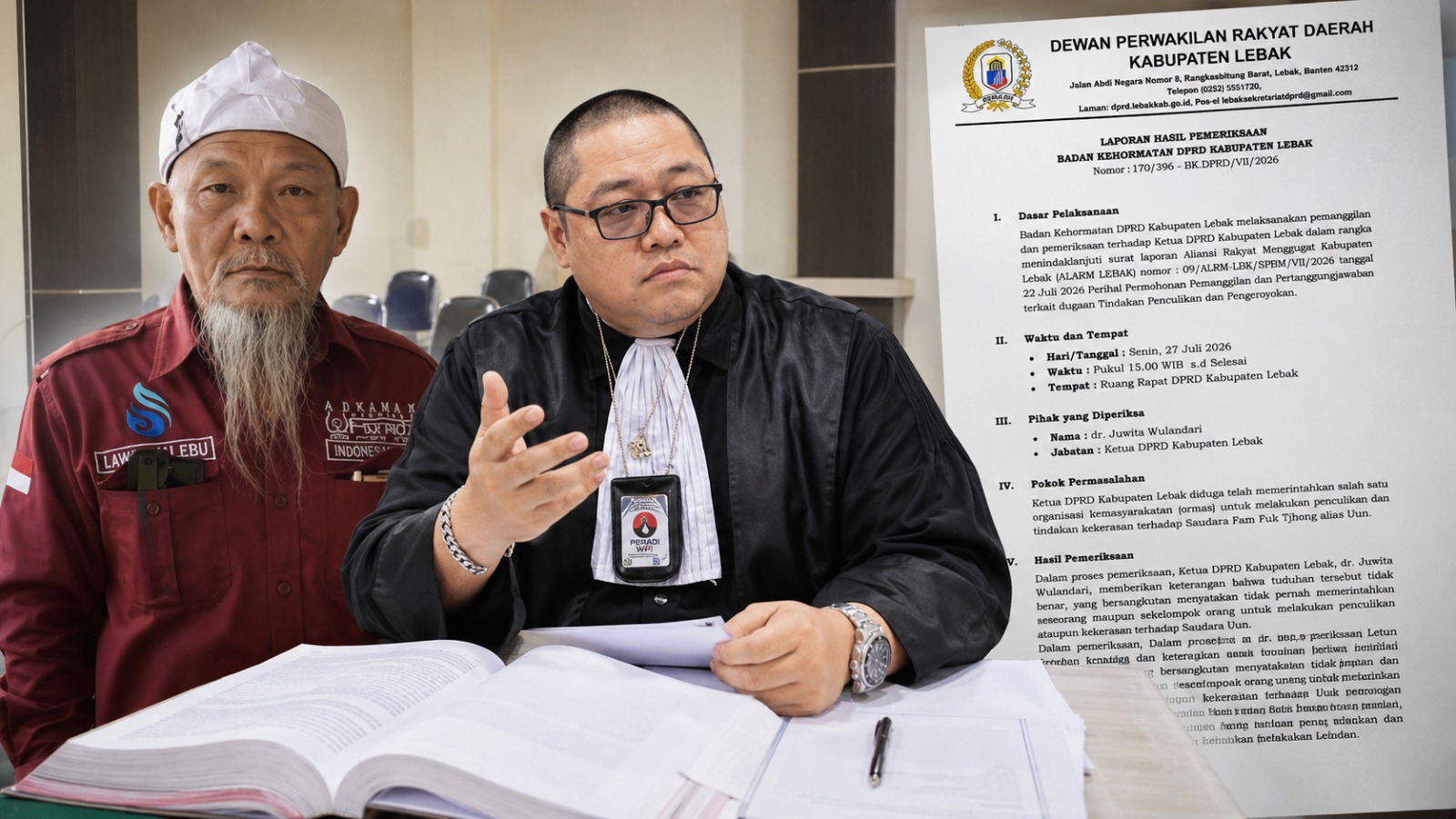Doc. Ketua Umum sekaligus Pendiri FERADI WPI, Adv. Donny Andretti, S.H., S.Kom., M.Kom., C.Md., C.PFW., C.MDF., C.JKJ., C.FTAX. (tengah), bersama Fam Fuk Tjhong alias Pak Uun (kiri), menyampaikan komitmen FERADI WPI untuk terus memberikan pendampingan hukum terhadap perkara yang sedang ditangani Ditreskrimum Polda Banten. Organisasi juga menegaskan penghormatan terhadap proses penyidikan yang masih berlangsung serta mekanisme pemeriksaan etik yang dilakukan Badan Kehormatan DPRD Kabupaten Lebak. (Foto: Ilustrasi/Kawan Jari News).