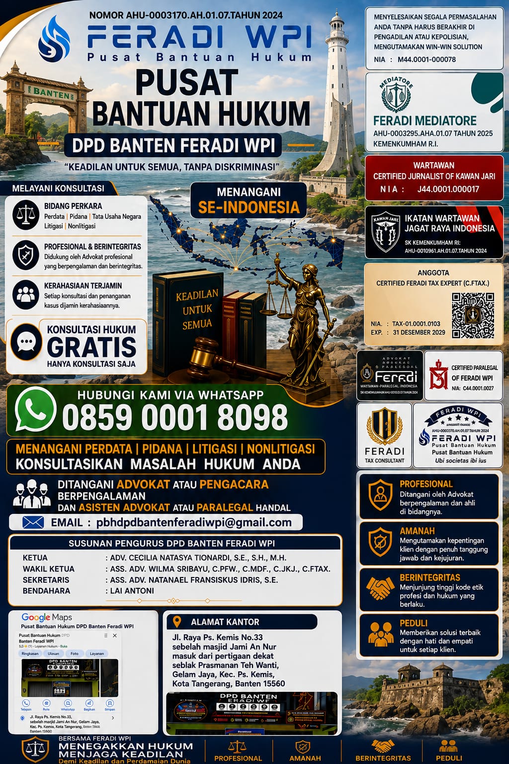 Doc. Flyer layanan Pusat Bantuan Hukum (PBH) DPD FERADI WPI Banten yang memuat informasi pelayanan konsultasi dan pendampingan hukum bagi masyarakat, meliputi perkara pidana, perdata, litigasi, dan nonlitigasi, beserta alamat kantor dan kontak layanan yang dapat dihubungi.