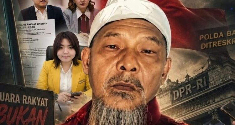 Doc. Kolase digital yang menggambarkan Fam Fuk Tjhong alias Pak Uun di tengah sorotan publik, dengan visual pendukung berupa dokumen Laporan Hasil Pemeriksaan (LHP) Badan Kehormatan DPRD Kabupaten Lebak, Gedung DPR RI, Gedung Ditreskrimum Polda Banten, serta ilustrasi konferensi pers. Gambar ini merupakan ilustrasi editorial yang dibuat untuk mendukung pemberitaan mengenai perkembangan proses hukum dan rencana Tim Advokasi FERADI WPI mengajukan pengaduan ke Komisi III DPR RI, Kompolnas, dan LPSK. Bukan dokumentasi peristiwa sebenarnya.