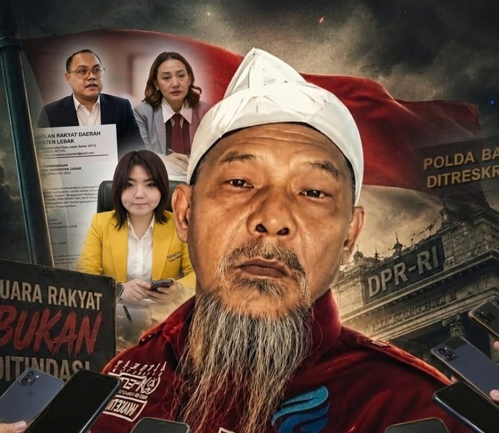 Doc. Kolase digital yang menggambarkan Fam Fuk Tjhong alias Pak Uun di tengah sorotan publik, dengan visual pendukung berupa dokumen Laporan Hasil Pemeriksaan (LHP) Badan Kehormatan DPRD Kabupaten Lebak, Gedung DPR RI, Gedung Ditreskrimum Polda Banten, serta ilustrasi konferensi pers. Gambar ini merupakan ilustrasi editorial yang dibuat untuk mendukung pemberitaan mengenai perkembangan proses hukum dan rencana Tim Advokasi FERADI WPI mengajukan pengaduan ke Komisi III DPR RI, Kompolnas, dan LPSK. Bukan dokumentasi peristiwa sebenarnya.