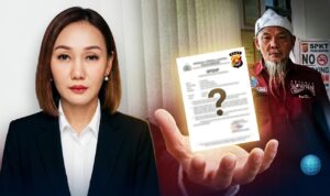 Doc. Kolase foto ilustrasi menampilkan Harriani Bianca Daryana (kiri) dalam balutan setelan formal, menyimbolkan profesionalisme hukum. Di sisi lain, terlihat Fam Fuk Tjhong alias Uun (kanan) berlatar belakang area SPKT Polda Banten. Gambar ini menarasikan desakan Tim Advokasi agar pihak kepolisian mengedepankan transparansi dalam penyampaian hasil penyidikan perkara Uun kepada pihak keluarga. (ilustrasi: KawanJariNews.com).