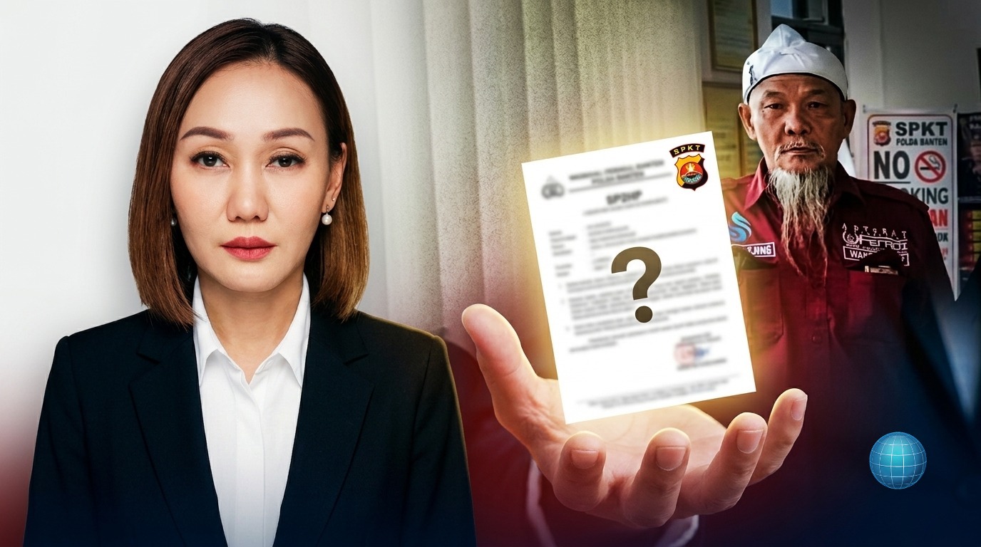 Doc. Kolase foto ilustrasi menampilkan Harriani Bianca Daryana (kiri) dalam balutan setelan formal, menyimbolkan profesionalisme hukum. Di sisi lain, terlihat Fam Fuk Tjhong alias Uun (kanan) berlatar belakang area SPKT Polda Banten. Gambar ini menarasikan desakan Tim Advokasi agar pihak kepolisian mengedepankan transparansi dalam penyampaian hasil penyidikan perkara Uun kepada pihak keluarga. (ilustrasi: KawanJariNews.com).