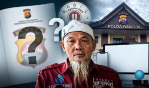 Doc. Gambar kolase ilustrasi ini menampilkan Fam Fuk Tjhong alias Pak Uun (tengah), seorang pelapor yang tengah menanti kepastian hukum atas laporannya di Polda Banten. Ekspresi wajah Uun di tengah simbol waktu dan tanda tanya besar mencerminkan penantian tanpa kejelasan mengenai kelanjutan perkaranya. Ilustrasi ini menonjolkan kekecewaan Uun atas ketiadaan informasi perkembangan penyidikan hingga tanggal 7 Agustus 2026, yang juga terlihat dari jam yang terhenti. (ilustrasi: KawanJariNews.com).