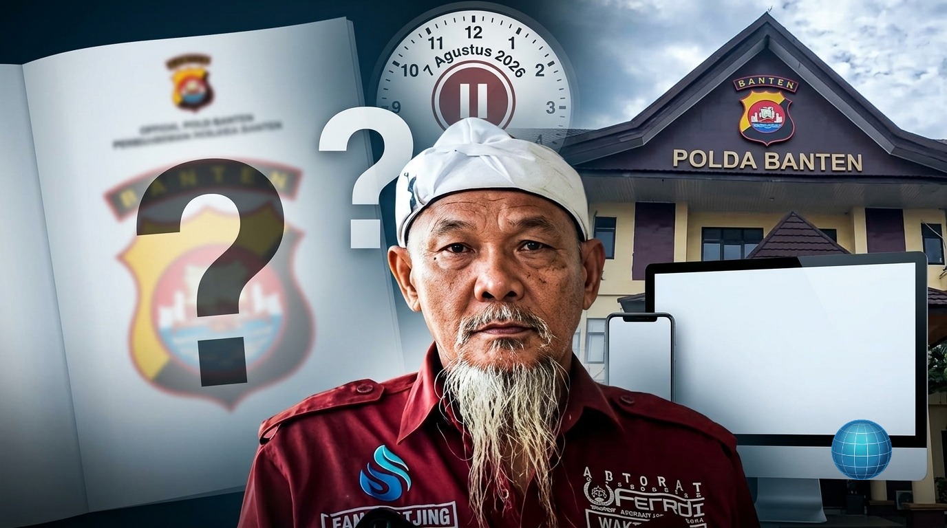Doc. Gambar kolase ilustrasi ini menampilkan Fam Fuk Tjhong alias Pak Uun (tengah), seorang pelapor yang tengah menanti kepastian hukum atas laporannya di Polda Banten. Ekspresi wajah Uun di tengah simbol waktu dan tanda tanya besar mencerminkan penantian tanpa kejelasan mengenai kelanjutan perkaranya. Ilustrasi ini menonjolkan kekecewaan Uun atas ketiadaan informasi perkembangan penyidikan hingga tanggal 7 Agustus 2026, yang juga terlihat dari jam yang terhenti. (ilustrasi: KawanJariNews.com).