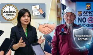 Ketua DPD FERADI WPI Banten Cecilia Natasya Tionardi Soroti Kepastian Hukum dan Pendampingan Korban Uun Doc. Gambar kolase ilustrasi ini menampilkan Advokat Cecilia Natasya Tionardi, S.H., M.H. (kiri), yang tengah memberikan keterangan pers mengenai pentingnya kepastian hukum dalam penanganan perkara. Di sisi kanan, terlihat Fam Fuk Tjhong alias Pak Uun, seorang tokoh masyarakat adat Sunda yang mengenakan pangsi merah, berdiri di depan lambang SPKT Polda Banten. Ilustrasi ini menonjolkan komitmen Tim Advokasi untuk memberikan pendampingan hukum dan menjaga kondisi psikologis Uun serta keluarganya selama proses hukum berlangsung. (ilustrasi: KawanJariNews.com).
