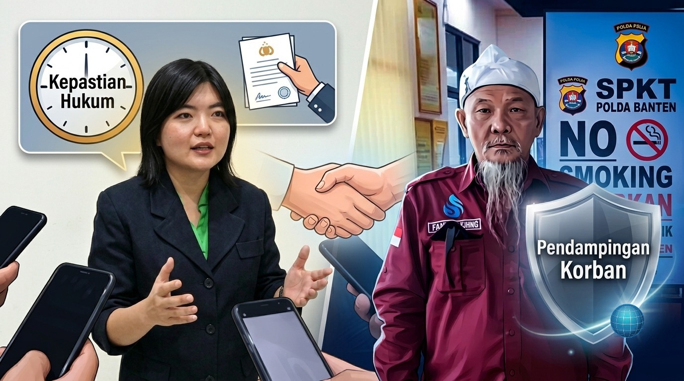 Doc. Gambar kolase ilustrasi ini menampilkan Advokat Cecilia Natasya Tionardi, S.H., M.H. (kiri), yang tengah memberikan keterangan pers mengenai pentingnya kepastian hukum dalam penanganan perkara. Di sisi kanan, terlihat Fam Fuk Tjhong alias Pak Uun, seorang tokoh masyarakat adat Sunda yang mengenakan pangsi merah, berdiri di depan lambang SPKT Polda Banten. Ilustrasi ini menonjolkan komitmen Tim Advokasi untuk memberikan pendampingan hukum dan menjaga kondisi psikologis Uun serta keluarganya selama proses hukum berlangsung. (ilustrasi: KawanJariNews.com).