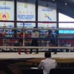 Doc. Suasana pertandingan final Indonesia Muaythai Championship (IMC) 2026 kategori U-12 Putra Kelas 36 kilogram antara atlet Jawa Tengah, Azzam Putra Agma Haryanto, dan atlet Jawa Barat, Muhammad Fandy Amallreezq, saat pertandingan berlangsung di Kota Bekasi, Jawa Barat, Minggu (9/8/2026).
