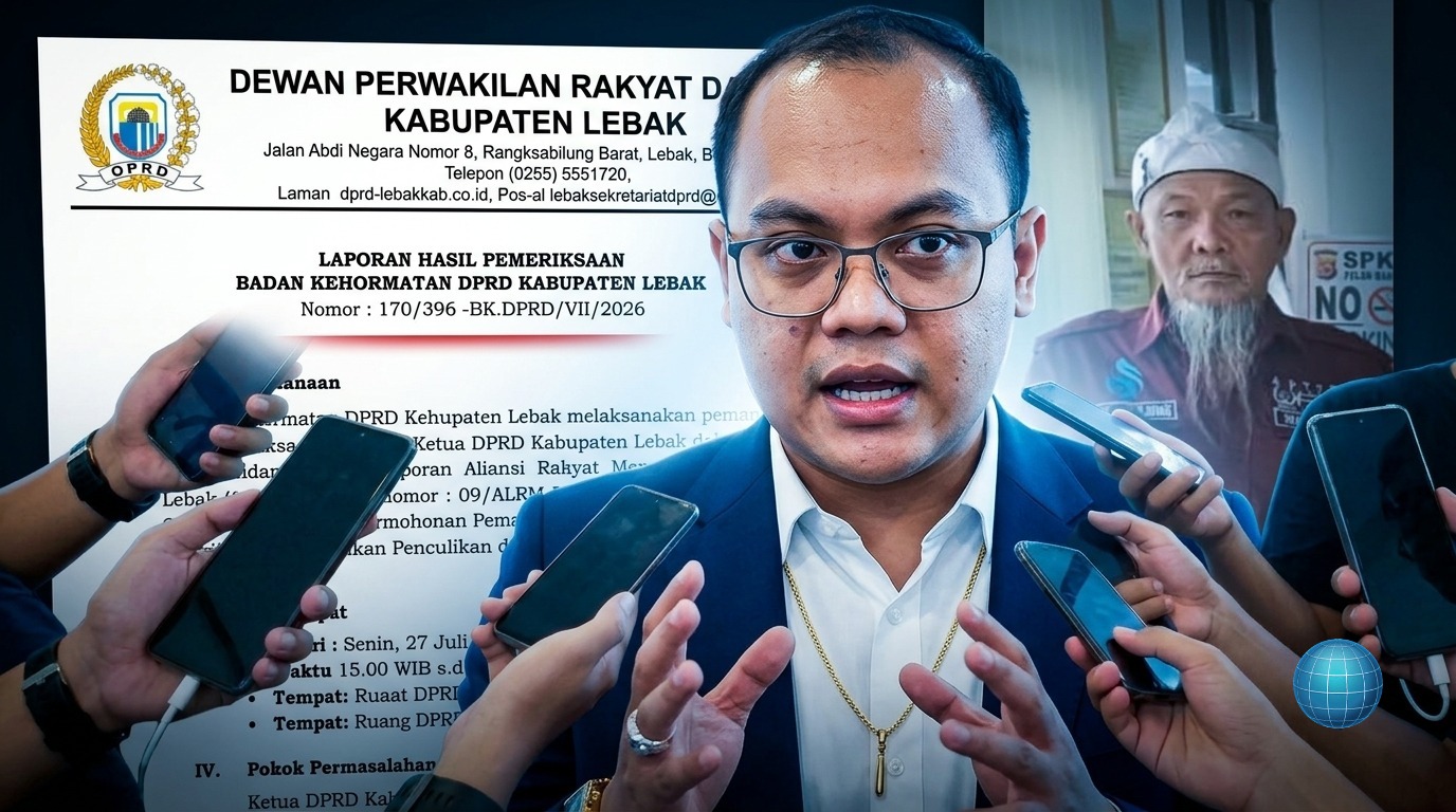 Doc. Revan Pratama Wijaya Soroti LHP BK DPRD Lebak Terkait Kasus Uun Foto komposit ini menampilkan Revan Pratama Wijaya, Ketua Tim Advokasi Fam Fuk Tjhong (Pak Uun), memberikan tanggapan kepada awak media. Di latar belakang, terlihat dokumen Laporan Hasil Pemeriksaan (LHP) Badan Kehormatan DPRD Kabupaten Lebak yang menjadi pokok sorotannya terkait perkara penculikan dan pengeroyokan. Revan menekankan bahwa meskipun LHP BK telah keluar, proses hukum di kepolisian masih terus berjalan. Foto/Ilustrasi: KawanJariNews.com