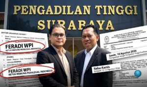 Doc. Ilustrasi komposit yang menunjukkan koordinasi antara FERADI WPI (diwakili Adv. Robby Gunawan dan Adv. Dwi Siswanto) dan Pengadilan Tinggi Surabaya. Dokumen resmi di sisi kiri mengonfirmasi agenda rapat untuk penyumpahan advokat pada 12 Agustus 2026.
