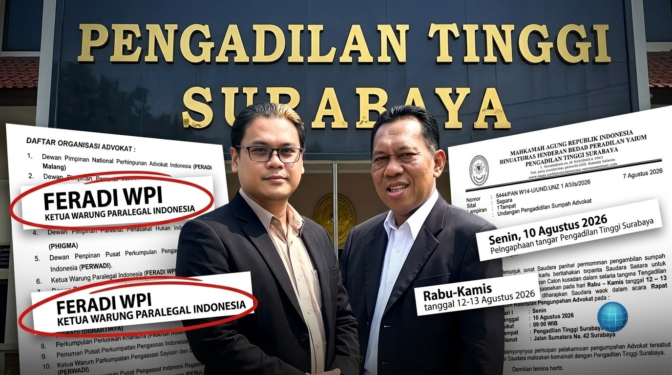 Doc. Ilustrasi komposit yang menunjukkan koordinasi antara FERADI WPI (diwakili Adv. Robby Gunawan dan Adv. Dwi Siswanto) dan Pengadilan Tinggi Surabaya. Dokumen resmi di sisi kiri mengonfirmasi agenda rapat untuk penyumpahan advokat pada 12 Agustus 2026.