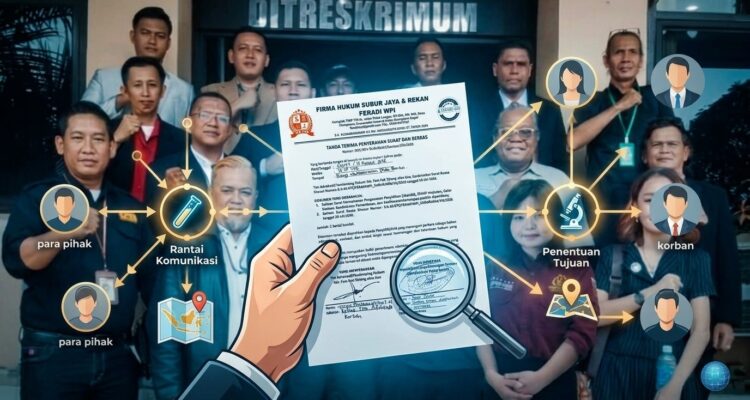 Doc. Penyerahan Berkas Hukum: Tim kuasa hukum bersama jajaran saat menyerahkan berkas dan dokumen resmi di depan gedung Ditreskrimum usai menyelesaikan agenda penanganan perkara, Senin (10/8/2026). Penyerahan dokumen ditandai dengan tanda terima resmi sebagai bukti kelengkapan penanganan kasus. (ilustrasi: KawanJariNews.com).
