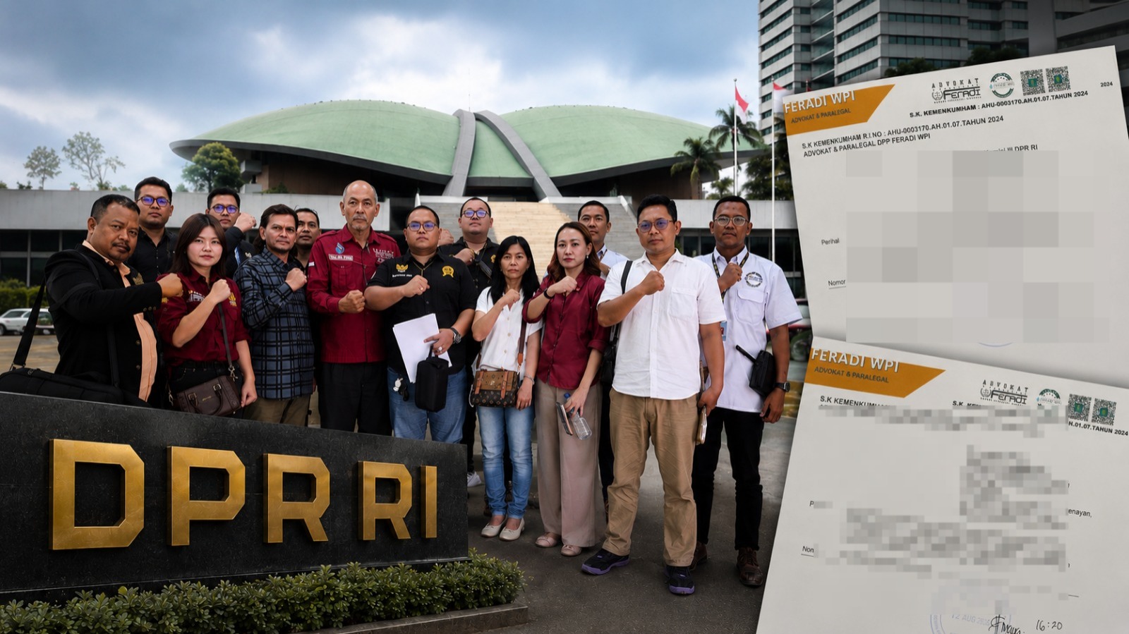 Doc. Tim Advokasi Fam Fuk Tjhong alias Uun dari Subur Jaya Lawfirm–FERADI WPI berfoto bersama di lingkungan Gedung DPR RI, Jakarta, usai menyerahkan surat permohonan audiensi kepada Pimpinan Komisi III DPR RI dan Ketua DPR RI pada Rabu (12/8/2026). Permohonan tersebut berkaitan dengan audiensi/RDPU, perlindungan hukum, serta pengawasan proses penyidikan perkara dugaan penculikan, pengeroyokan, penganiayaan, dan pemaksaan atau intimidasi terhadap Uun.