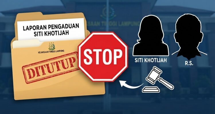 Doc. Ilustrasi ini menggambarkan penghentian resmi kasus dugaan pelanggaran kode etik oleh oknum jaksa berinisial R.S. yang dilaporkan oleh Siti Khotijah. Elemen visual utama menunjukkan folder laporan yang diberi stempel "DITUTUP" dan diletakkan di bawah simbol "STOP" menegaskan bahwa proses hukum atas pengaduan tersebut telah dihentikan.