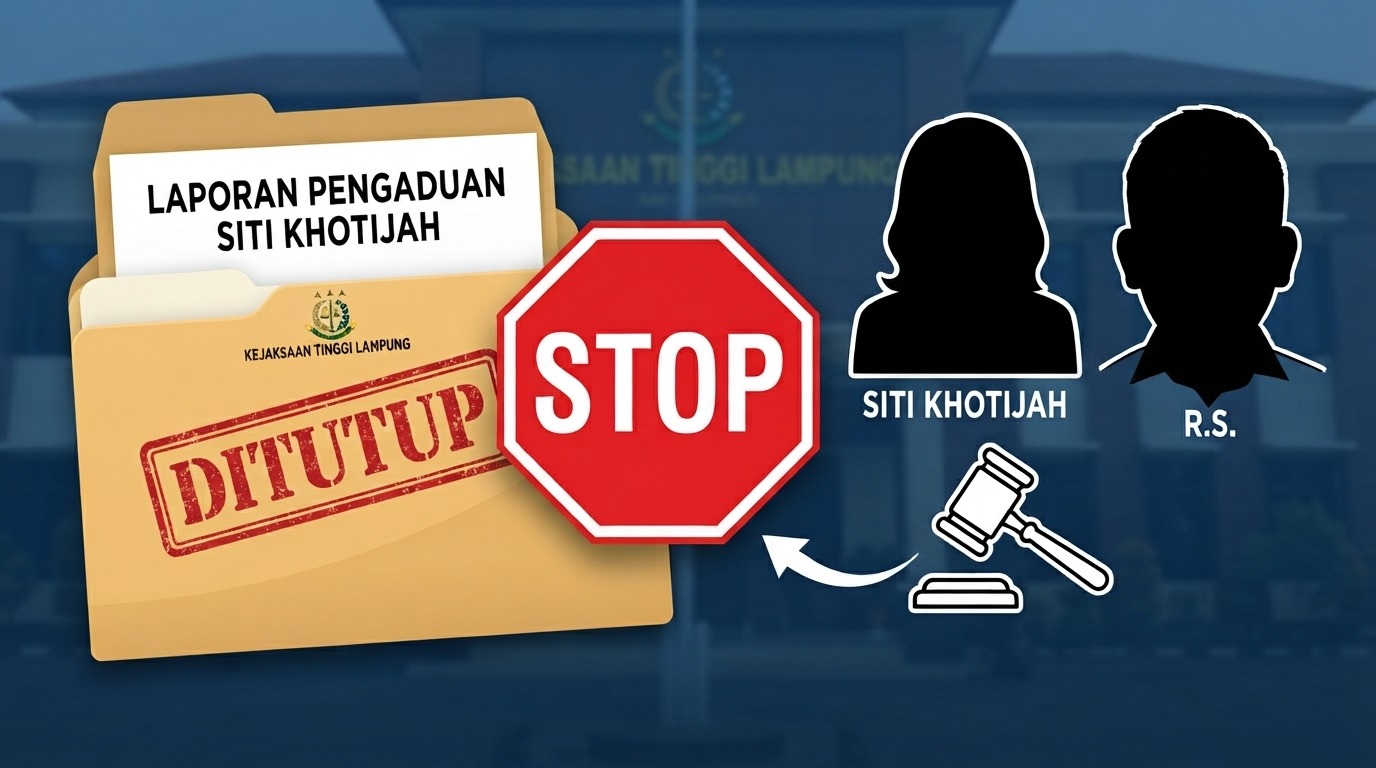 Doc. Ilustrasi ini menggambarkan penghentian resmi kasus dugaan pelanggaran kode etik oleh oknum jaksa berinisial R.S. yang dilaporkan oleh Siti Khotijah. Elemen visual utama menunjukkan folder laporan yang diberi stempel "DITUTUP" dan diletakkan di bawah simbol "STOP" menegaskan bahwa proses hukum atas pengaduan tersebut telah dihentikan.