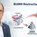 Doc. Restrukturisasi Besar-besaran BUMN: Infografis ini mengilustrasikan rencana strategis Badan Pengelola Investasi Daya Anagata Nusantara (BPI Danantara) untuk melakukan perampingan struktur Badan Usaha Milik Negara (BUMN). Gambar di atas menunjukkan target ambisius untuk mengurangi jumlah entitas BUMN yang ada, dari 1.074 perusahaan menjadi sekitar 200 perusahaan pada akhir tahun 2026. Proses ini akan dilakukan melalui skema konsolidasi, merger, dan likuidasi untuk mencapai efisiensi operasional, dengan fokus utama pada peningkatan nilai tambah melalui hilirisasi di berbagai sektor seperti mineral, energi, dan pangan, seperti yang dipaparkan oleh CEO Danantara, Rosan Roeslani. (Ilustrasi: KawanJariNews.com).