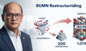 Danantara Bakal Pangkas 874 Entitas BUMN hingga Akhir 2026, Tersisa Sekitar 200 Perusahaan Doc. Restrukturisasi Besar-besaran BUMN: Infografis ini mengilustrasikan rencana strategis Badan Pengelola Investasi Daya Anagata Nusantara (BPI Danantara) untuk melakukan perampingan struktur Badan Usaha Milik Negara (BUMN). Gambar di atas menunjukkan target ambisius untuk mengurangi jumlah entitas BUMN yang ada, dari 1.074 perusahaan menjadi sekitar 200 perusahaan pada akhir tahun 2026. Proses ini akan dilakukan melalui skema konsolidasi, merger, dan likuidasi untuk mencapai efisiensi operasional, dengan fokus utama pada peningkatan nilai tambah melalui hilirisasi di berbagai sektor seperti mineral, energi, dan pangan, seperti yang dipaparkan oleh CEO Danantara, Rosan Roeslani. (Ilustrasi: KawanJariNews.com).