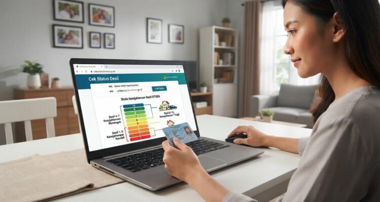 Cara Mengecek Status Desil di Cek Bansos Kemensos, Simak Langkah-Langkahnya Doc. Ilustrasi ini menunjukkan proses mandiri pengecekan status kesejahteraan keluarga atau 'desil' melalui laman resmi Cek Bansos Kementerian Sosial (cekbansos.kemensos.go.id). Seorang warga sedang mengakses sistem dengan memasukkan Nomor Induk Kependudukan (NIK) sesuai KTP untuk mengetahui peringkat kesejahteraan mereka dalam Data Tunggal Sosial dan Ekonomi Nasional (DTSEN). Pada layar laptop terlihat grafik "Skala Kesejahteraan Desil DTSEN" yang membagi keluarga ke dalam 10 kelompok, mulai dari Desil 1 (10% terbawah) hingga Desil 10 (10% tertinggi), yang menjadi acuan pemerintah dalam penyaluran berbagai program bantuan sosial.