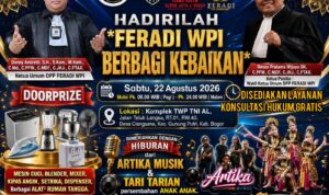 Doc. Flayer Pesta Rakyat FERADI WPI “Berbagi Kebaikan” yang akan digelar pada Sabtu, 22 Agustus 2026 di Komplek TWP TNI AL, Jalan Teluk Langsa, Desa Ciangsana, Kecamatan Gunung Putri, Kabupaten Bogor. Kegiatan tersebut menghadirkan konsultasi hukum gratis, santap malam gratis, hiburan musik, serta ratusan hadiah bagi masyarakat.