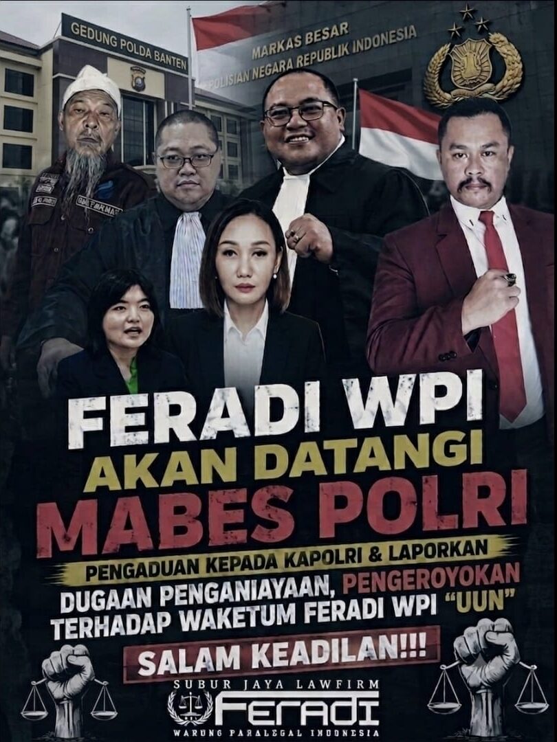 Doc. Kolase ilustrasi menampilkan Fam Fuk Tjhong alias Uun bersama jajaran Tim Advokasi FERADI WPI–Subur Jaya Lawfirm yang tengah mempersiapkan langkah pengaduan ke Mabes Polri terkait penanganan perkara yang dilaporkan Uun. Ilustrasi ini menggambarkan rencana permohonan agar perkara mendapat perhatian dan pengawasan sesuai mekanisme hukum yang berlaku.