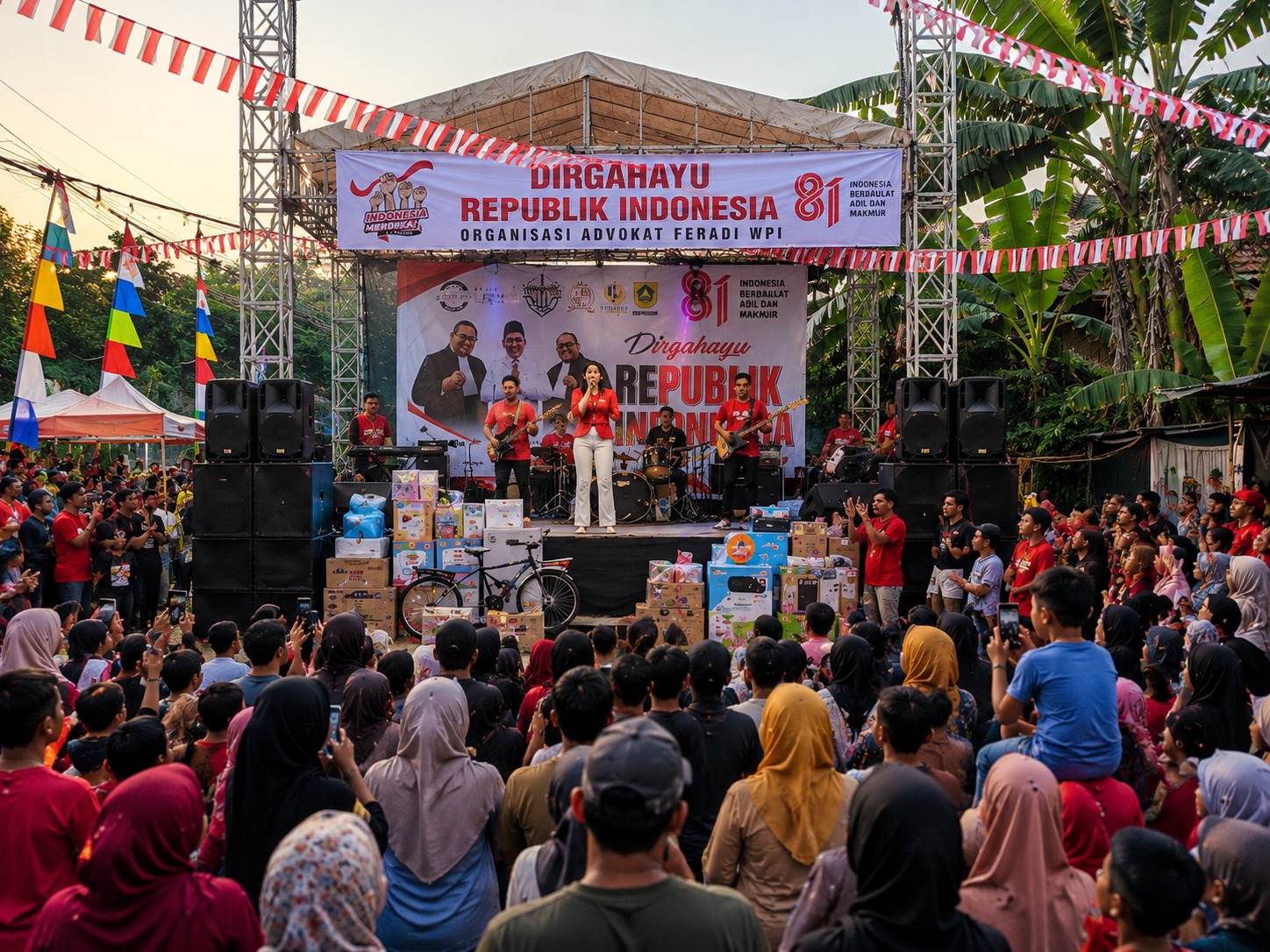 Doc. Suasana hiburan rakyat dalam kegiatan Pesta Rakyat “FERADI WPI Berbagi Kebaikan” yang diikuti warga dan masyarakat di Desa Ciangsana, Kecamatan Gunung Putri, Kabupaten Bogor, Sabtu (22/8/2026). Rangkaian kegiatan tersebut menghadirkan pertunjukan musik, hadiah dan doorprize, serta berbagai kegiatan kebersamaan antara FERADI WPI dan warga setempat.